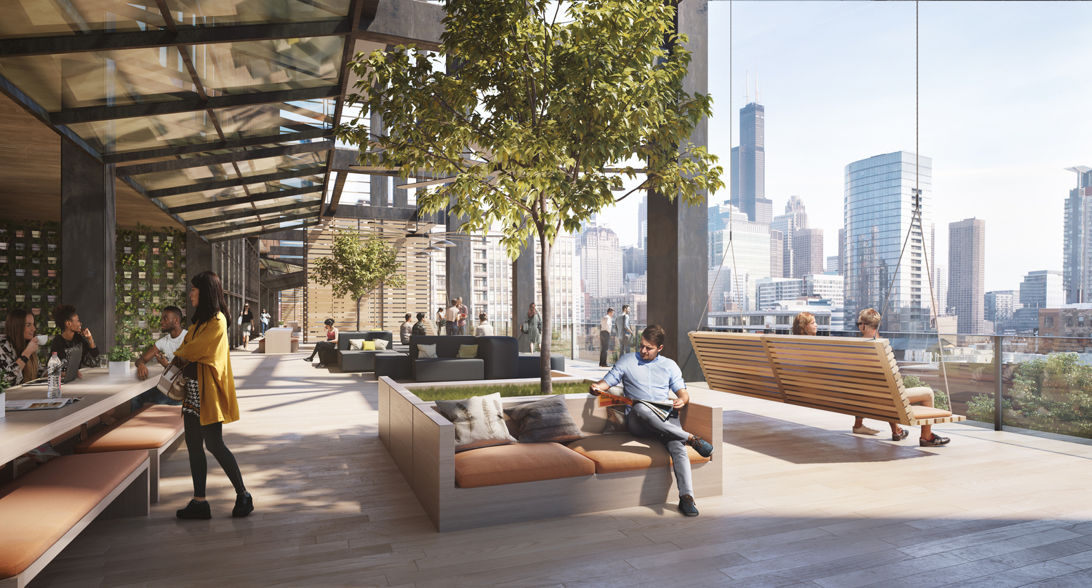 SOM芝加哥新办公楼设计公开，外露钢结构撑起通高五层露天平台